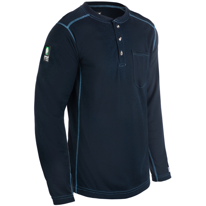 Navy blue long-sleeve henley shirt with pocket