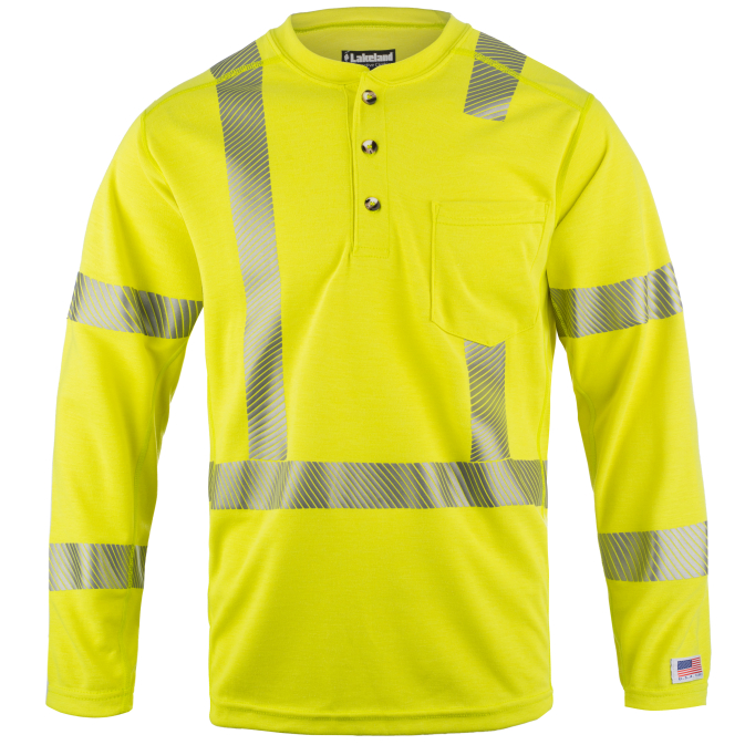 Yellow high-visibility safety shirt with reflective stripes.