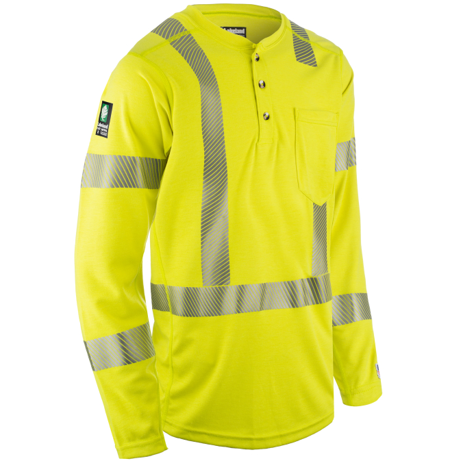 Yellow high-visibility shirt with reflective stripes.
