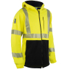 Yellow reflective safety jacket with hood.