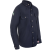 Navy blue button-up shirt with pockets and logos.
