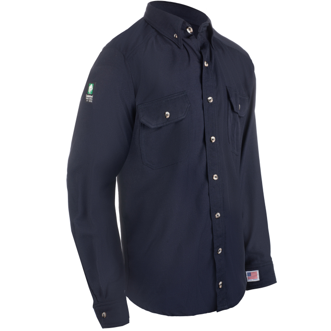 Navy blue button-up shirt with pockets and logos.