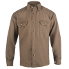 Brown long-sleeve shirt with button pockets.