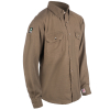 Brown long-sleeve button-up work shirt with logo patch.