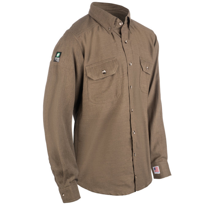 Brown long-sleeve button-up work shirt with logo patch.