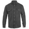 Black long-sleeve button-up shirt with chest pockets.