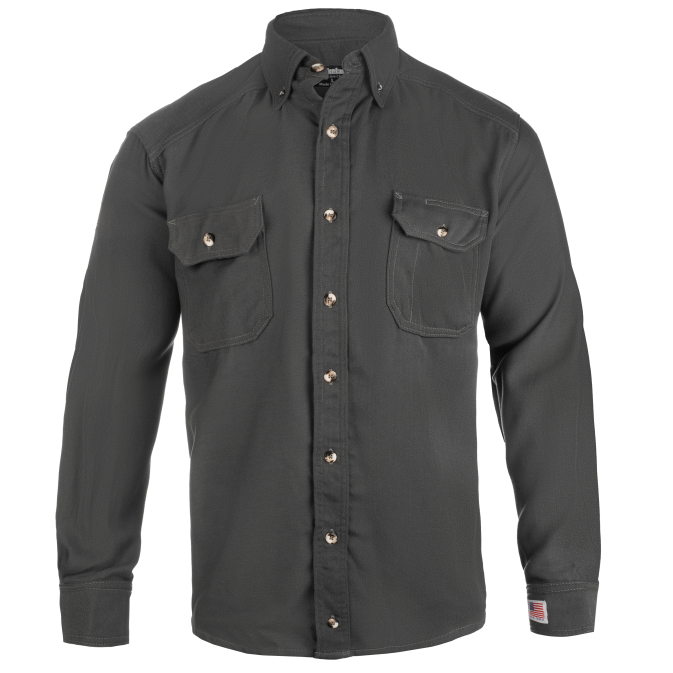 Black long-sleeve button-up shirt with chest pockets.