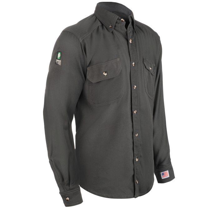 Gray long-sleeve shirt with pockets and American flag patch.