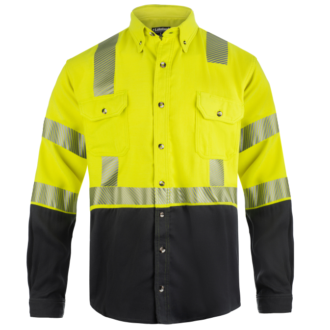 Yellow and black high-visibility safety shirt.
