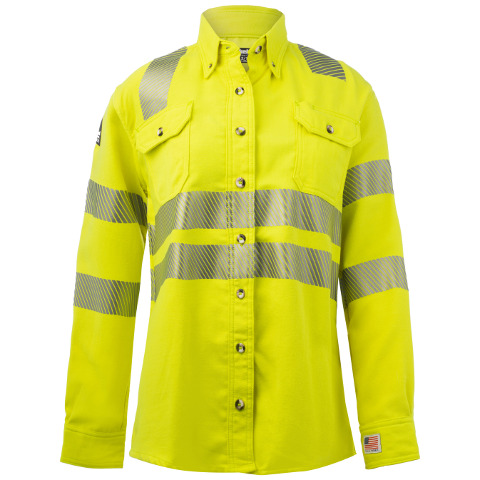 Yellow high-visibility reflective work shirt with stripes.