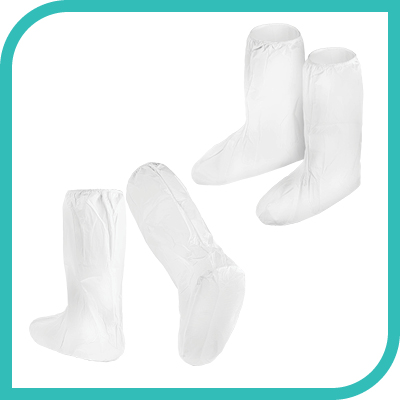 White protective shoe covers, disposable, four pieces shown.