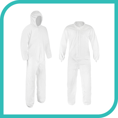 Two white protective coveralls with hoods.