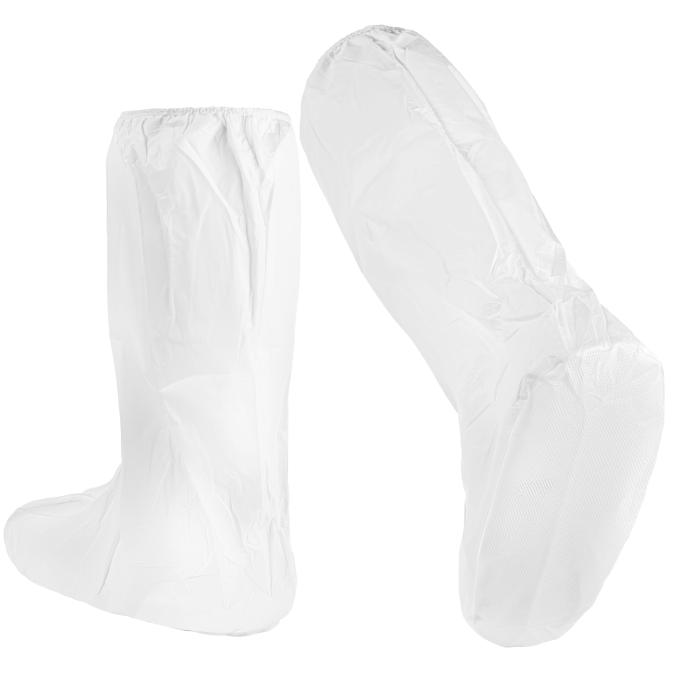 White disposable boot covers, standing and side view