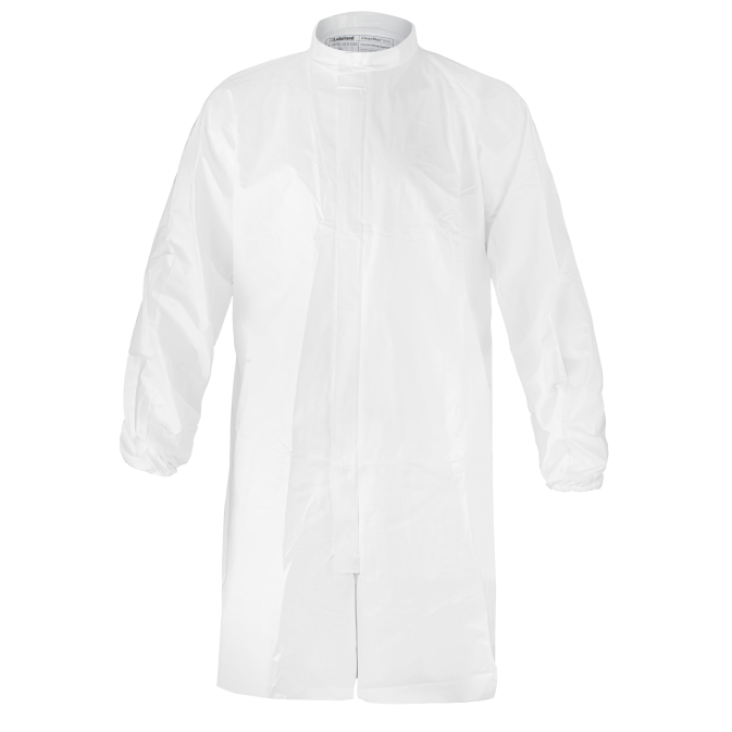 White disposable lab coat on black background.