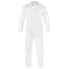 White disposable protective coverall for safety and hygiene.