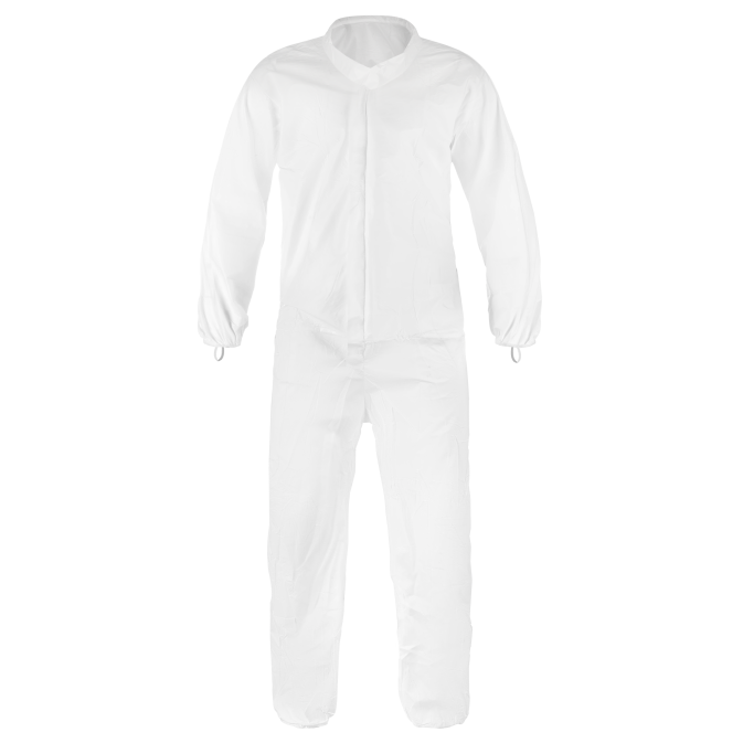 White disposable protective coverall for safety and hygiene.
