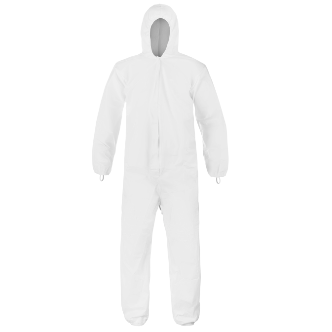 White protective suit with hood, full body coverage.