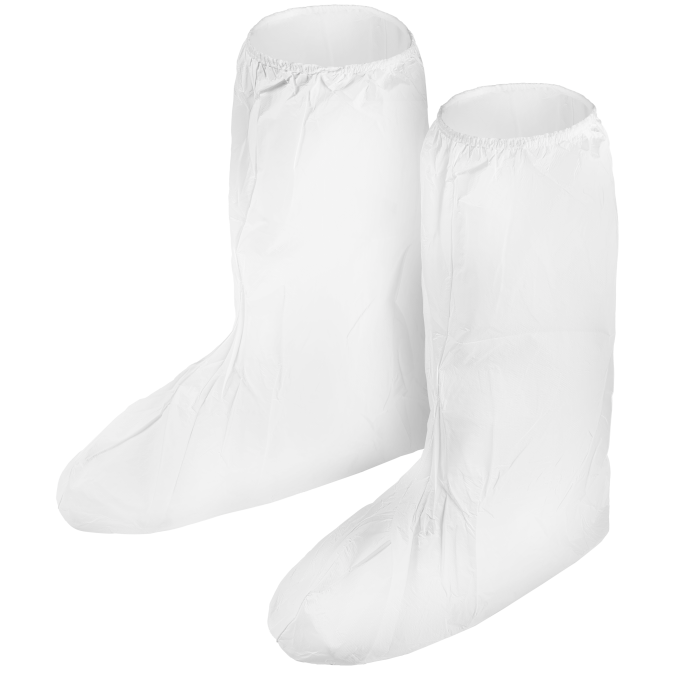 White disposable shoe covers, protective footwear.