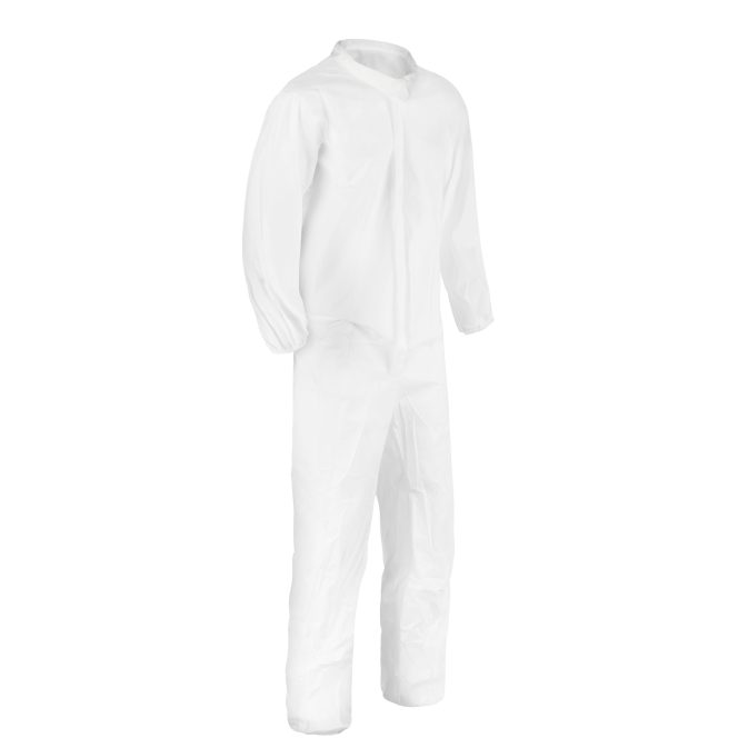 White protective coverall suit isolated on black background.
