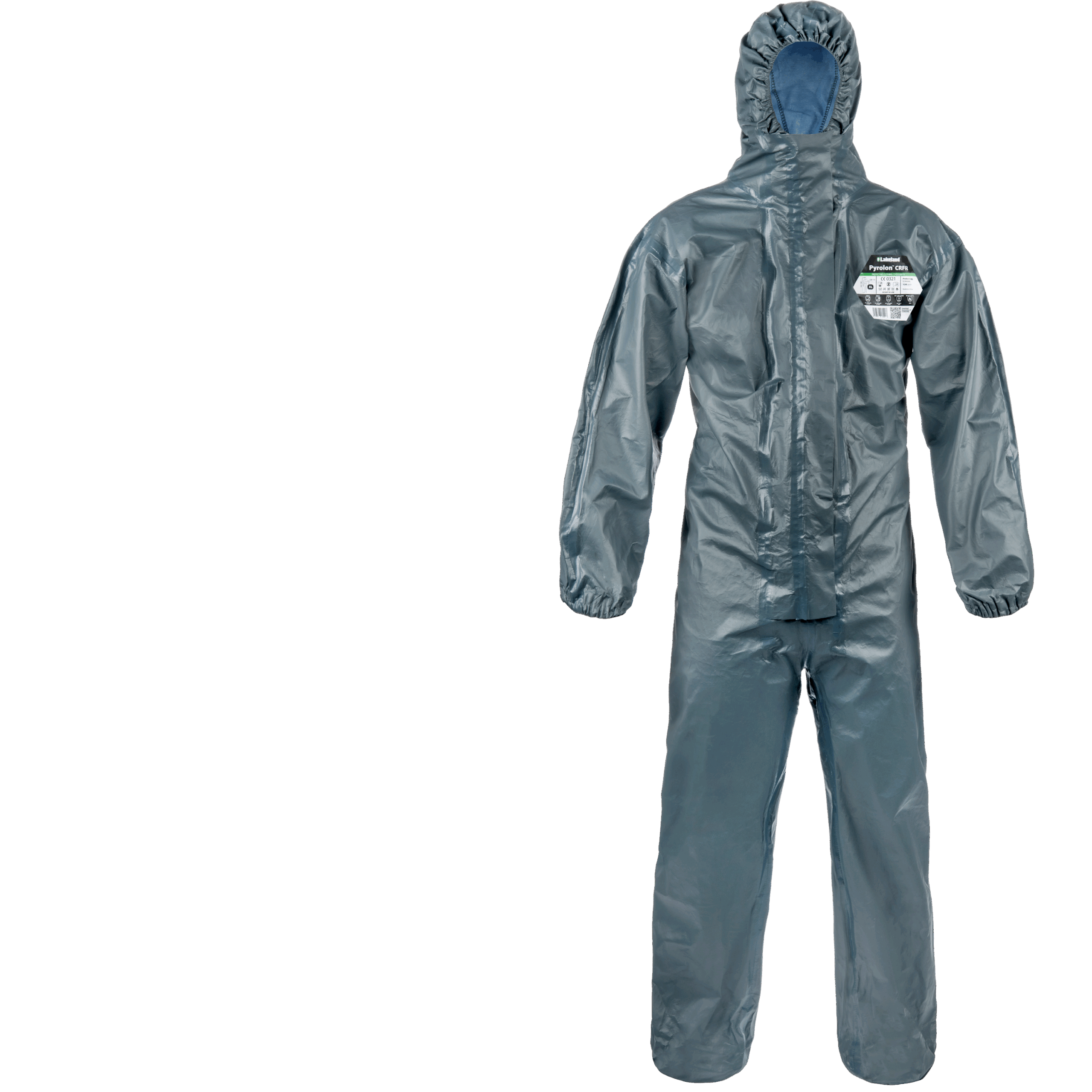 灰色防护连体服，带兜帽和拉链。