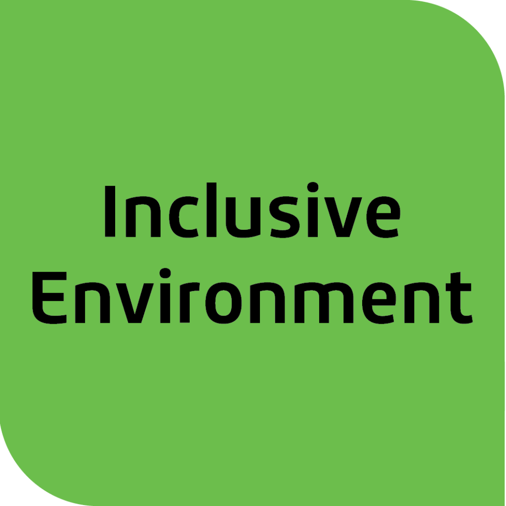 Green square with 'Inclusive Environment' text