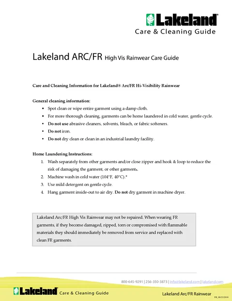 (en)(North America)Lakeland ARC/FR High Vis Rainwear Care Guide