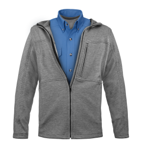 Gray jacket with blue shirt underneath