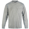 Gray long-sleeve shirt with pocket and blue stitching.
