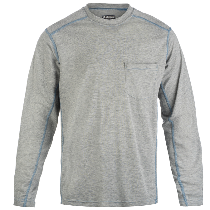 Gray long-sleeve shirt with pocket and blue stitching.