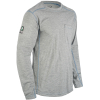 Gray long-sleeve shirt with pocket and patch.