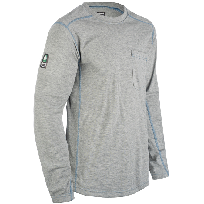 Gray long-sleeve shirt with pocket and patch.