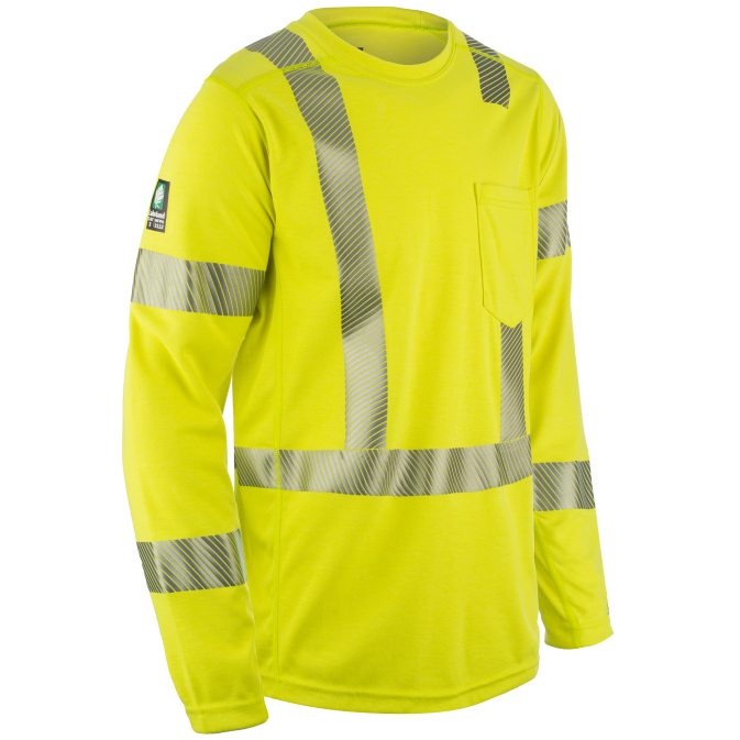 Bright yellow safety shirt with reflective stripes.