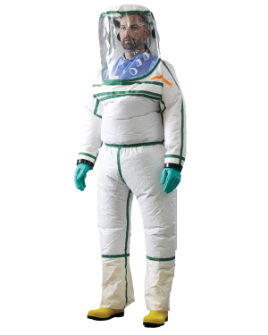 Person wearing Lakeland's MicroMax TS Encapsulating PAPR suit