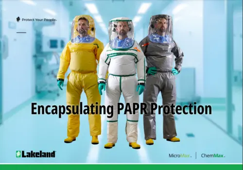 Workers in protective PAPR suits for hazardous environments.