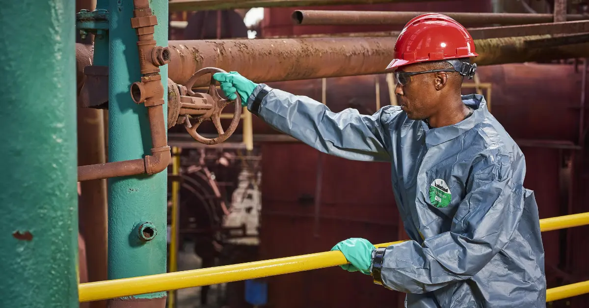 Industrial worker turning a wheel to open a pipe, wearing Lakeland Pyrolon CRFR protection