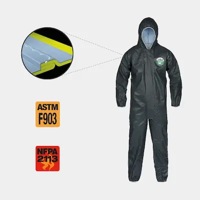 Pyrolon CRFR standing next to ASTM F903 label and NFPA 2113 label