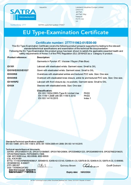 (en)(Europa)Pyrolon XT PB 2777/11962-01/E00-00 EU-Baumusterprüfbescheinigung