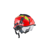 Red safety helmet with visor and mountings