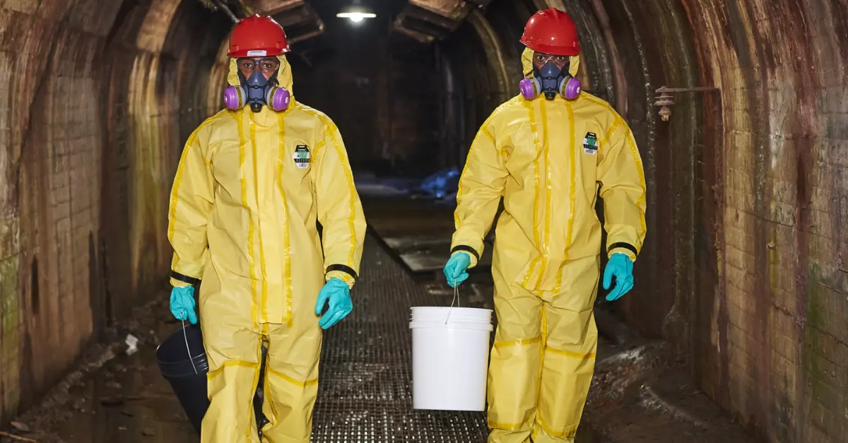 2 travailleurs protégés par les offres d&#039;EPI chimiques de Lakeland- marchant dans un tunnel en transportant des produits chimiques dangereux, en toute sécurité.