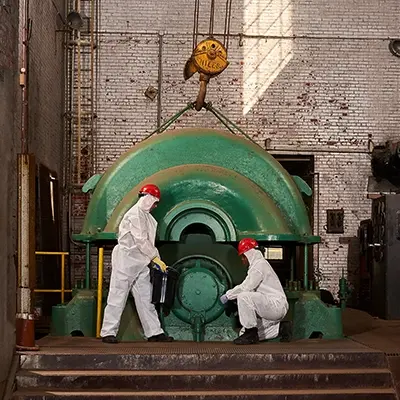 Industrial Workers wearing Lakeland SafeGard 76 for protection working on large machinery that is attached to a heavy chain.