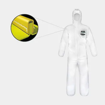 SafeGard 76 Infographic with an image of the protective suit and icons for Type 5, Type 6, EN1149