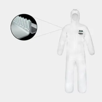 SafeGard GP Infographic with an image of the protective suit and icons for Type 5, Type 6, EN533, EN 1073-2