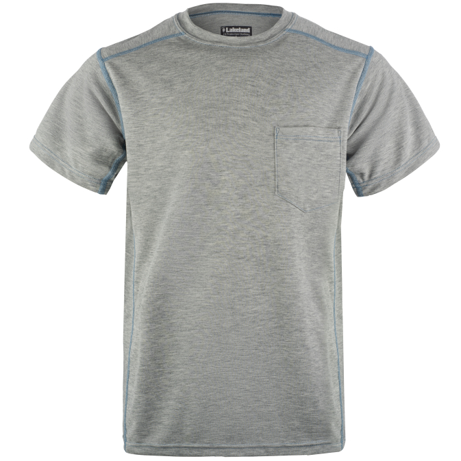 Gray crew neck T-shirt with pocket on front.