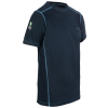 Navy blue T-shirt with contrast stitching and sleeve logo.