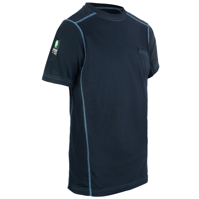Navy blue T-shirt with contrast stitching and sleeve logo.