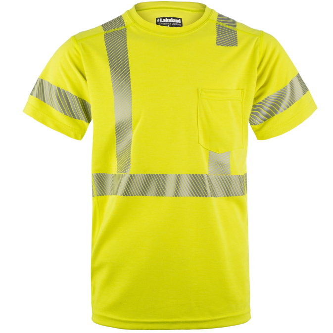 High-visibility yellow safety shirt with reflective stripes.