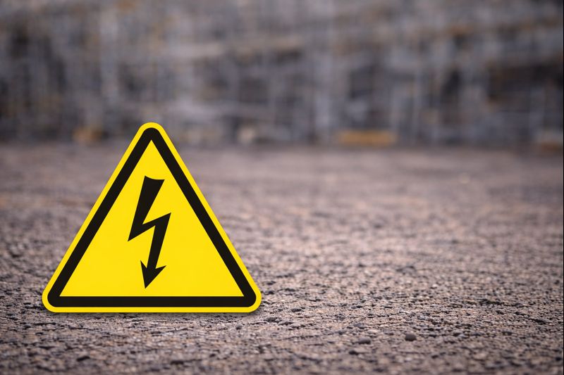 Yellow electrical hazard warning sign on an industrial gravel surface with blurred equipment in the background.