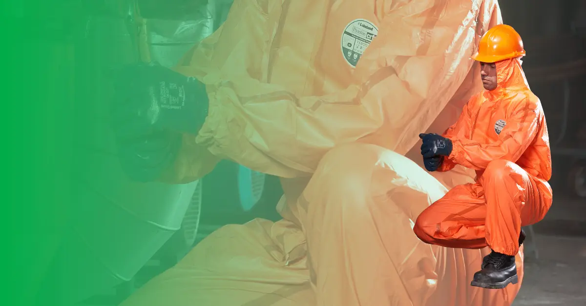 Green fade overlay from left to right, covering a worker protected with Lakeland's Pyrolon CRFR, Orange PPE